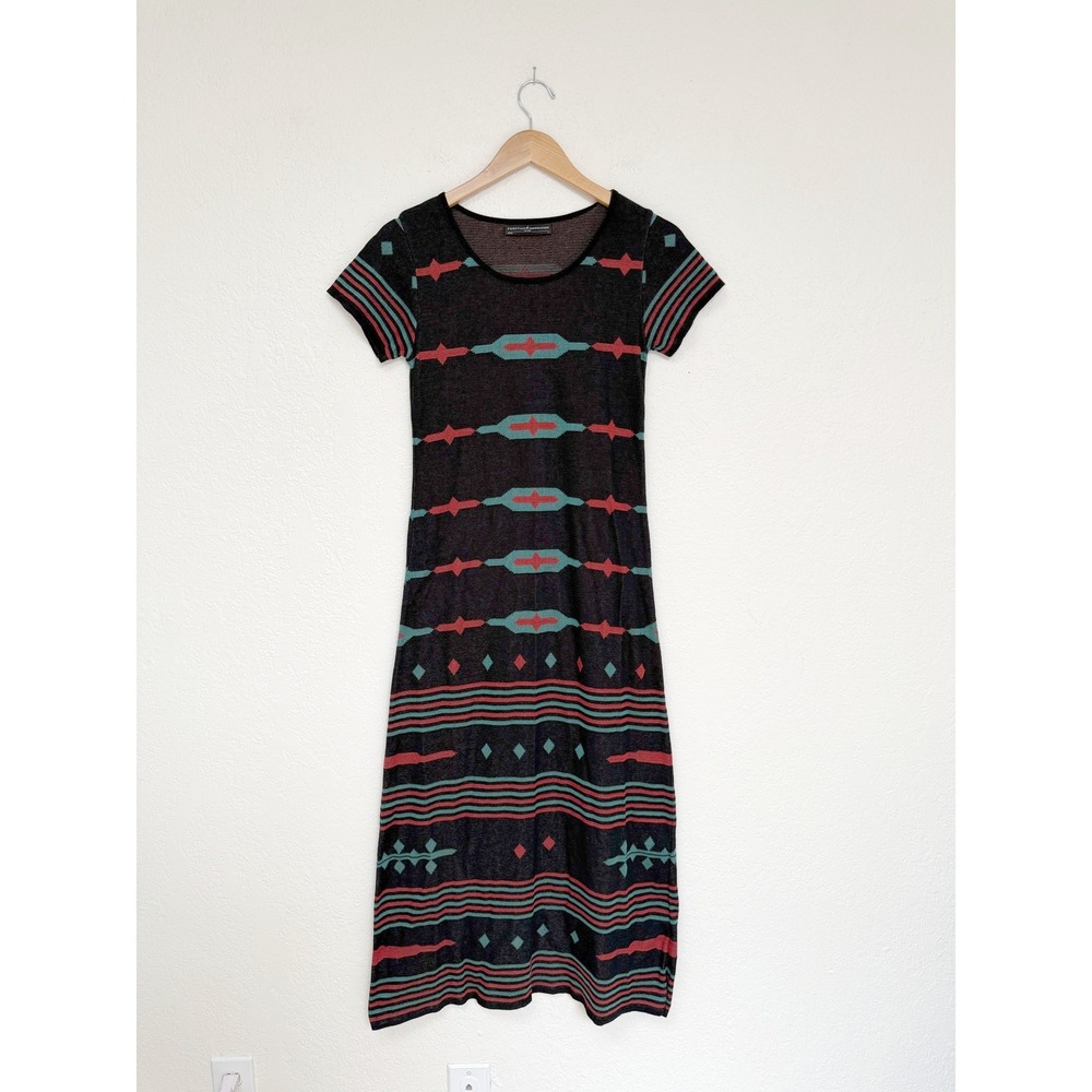 Peruvian Connection Pima Cotton Knit Midi Dress Black Geometric Southwestern S